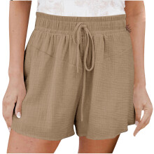 Womens Cotton Linen Shorts Elastic Waist Pleated-Khaki XL