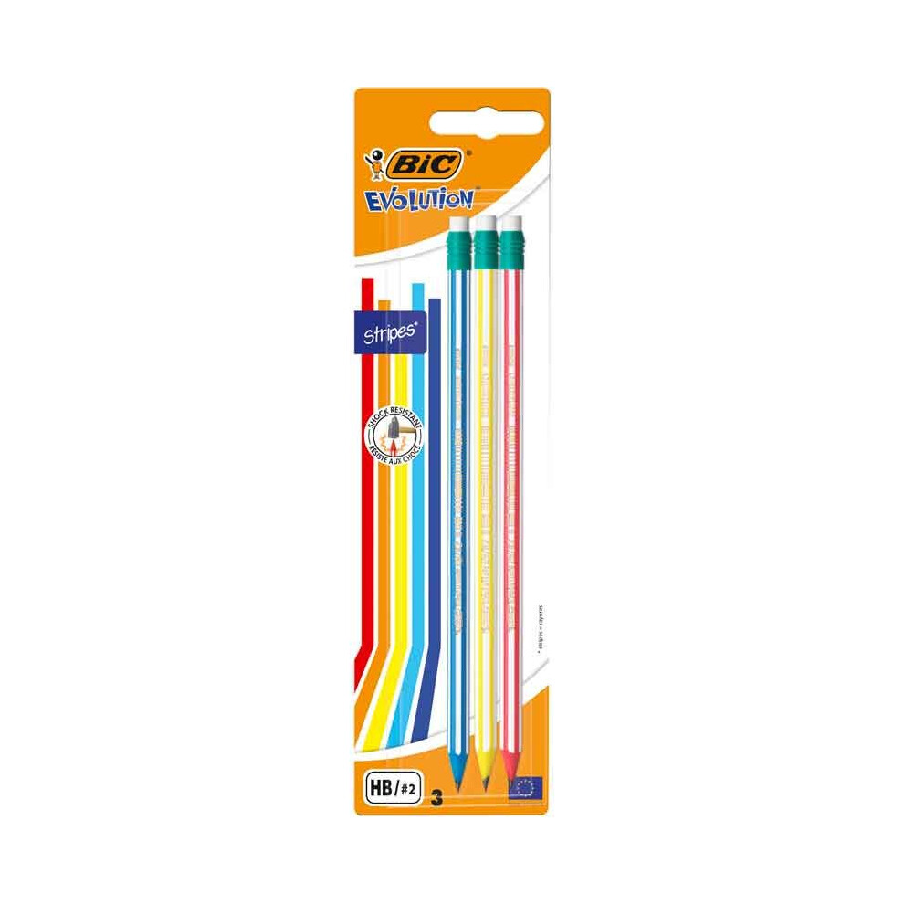 Bic Hb Stripes Graphite Pencils With Eraser (Pack Of 3)