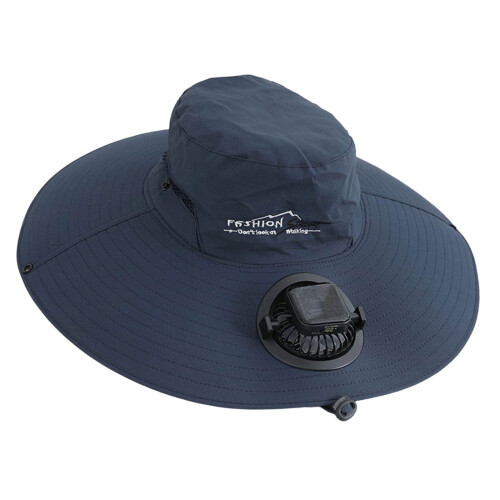 Solar Powered Cooling Fan Hat With Wide Brims USB-Navy blue