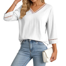 Womens Top Eyelet Lace V Neck Sleeve Blouses Casual-White XXL