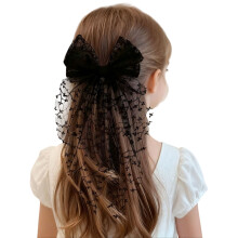 Elegante kanten strikken haarclip met lang lint voor-zwart