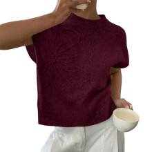 Women's Solid Color Printed Knitted Short-Sleeve Top-Burgundy M