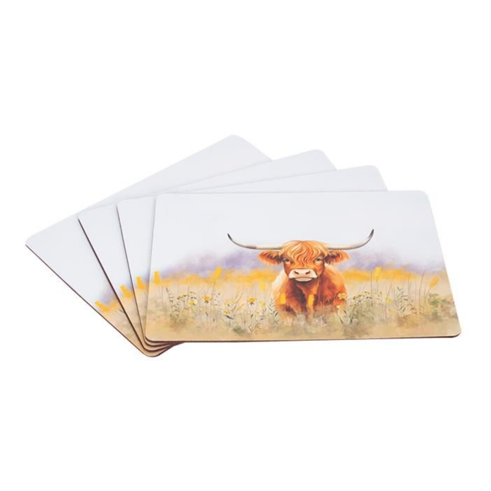 Coco & Gray Placemat Set Of 4 Highland Cow Design Rectangle Mdf Cork Anti-Slip Tableware
