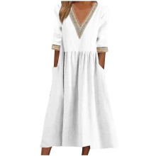 Women's short-sleeved cotton dress, linen dress,-Ivory XXL