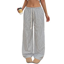 Women's striped casual loose drawstring elastic-Dark Grey S