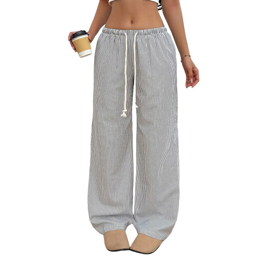 Women's striped casual loose drawstring elastic-Dark Grey S