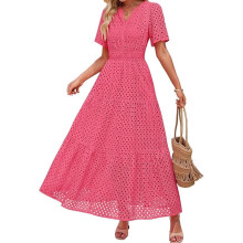 Womens Sundresses Short Sleeve V Neck Hollow Out Eyelet A-Red M