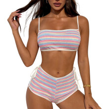 Women Stripe Print Swimsuit Set Two Piece Bandeau-Pink L
