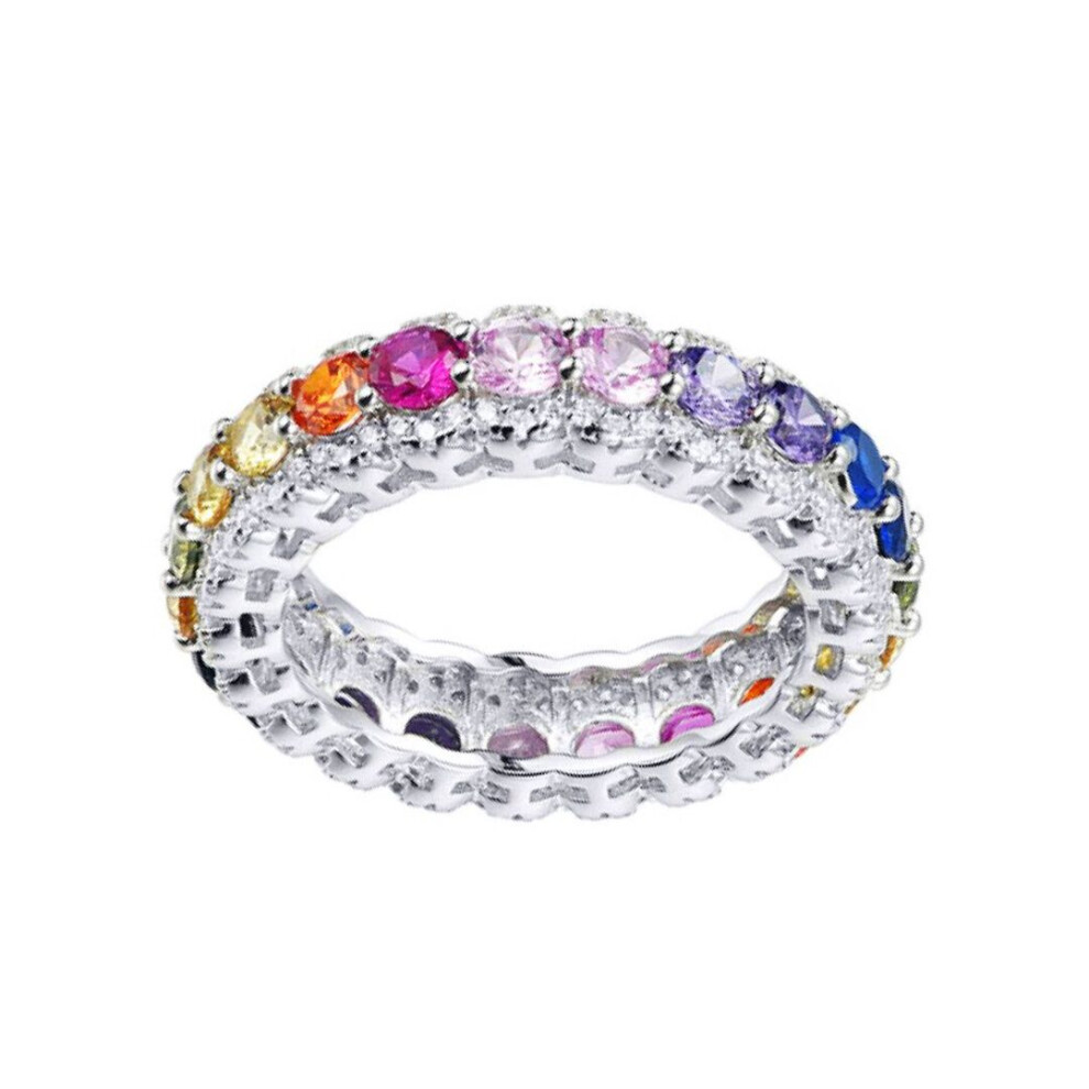 Jewelco London (M) Unisex Rhodium Rainbow Round Brilliant Cz Semi Halo Encrusted Aurora Scalloped Full Eternity Ring - Arn193 Silver
