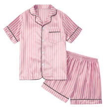 Zachte polyester kindernachtkledingset-roze strepen zwart b 120