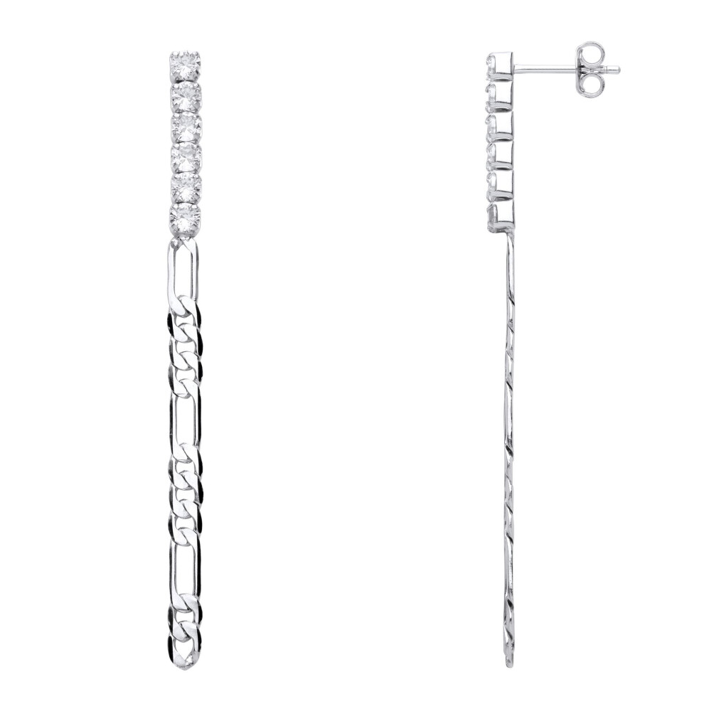 Jewelco London Ladies Rhodium Plated Sterling Cz Eternity Figaro Chain Shoulder Duster Drop Earrings - Eag1006 Silver