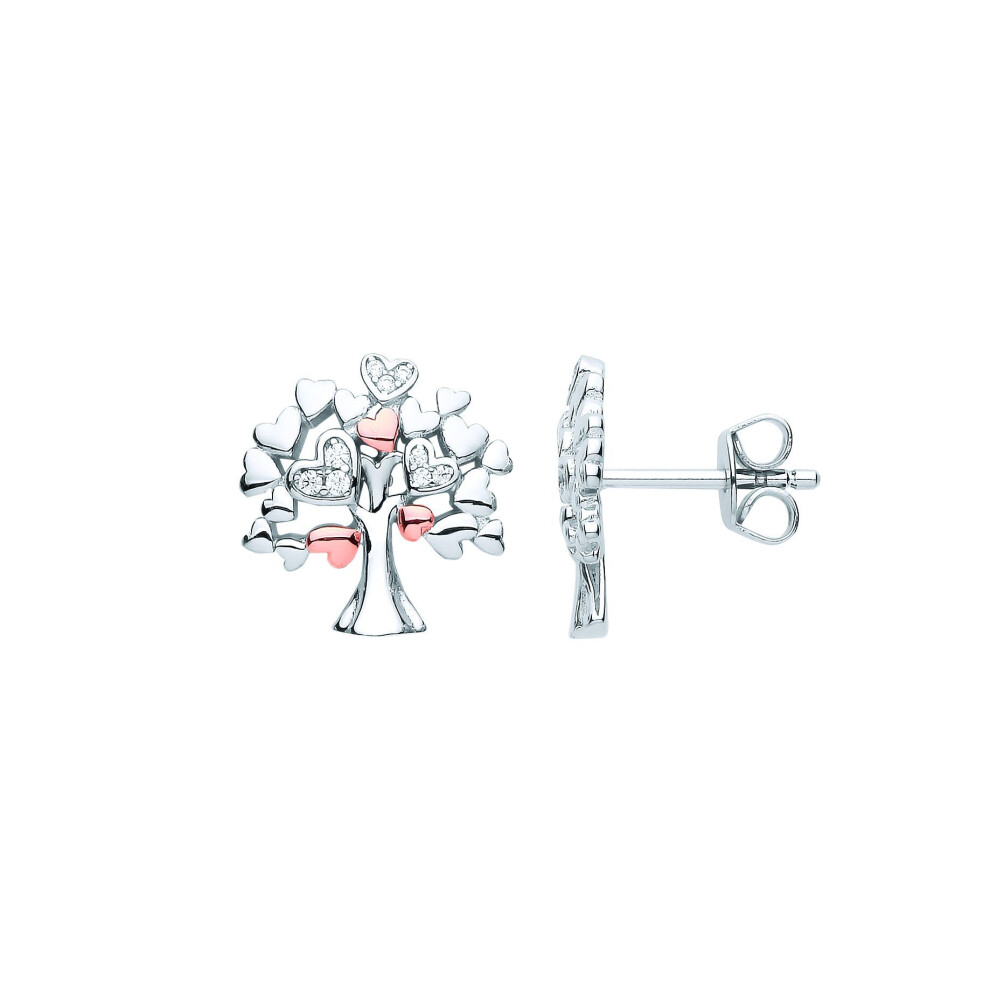 Jewelco London Ladies Rhodium Plated Sterling Cz Love Heart Tree Of Life Stud Earrings - Eag1090 Silver