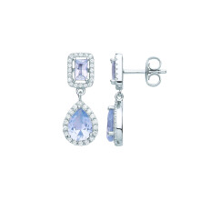 Jewelco London Ladies Rhodium Plated Sterling Silver Lilac Pear Emerald CZ Raindrop Double Halo Drop Earrings - EAG1072