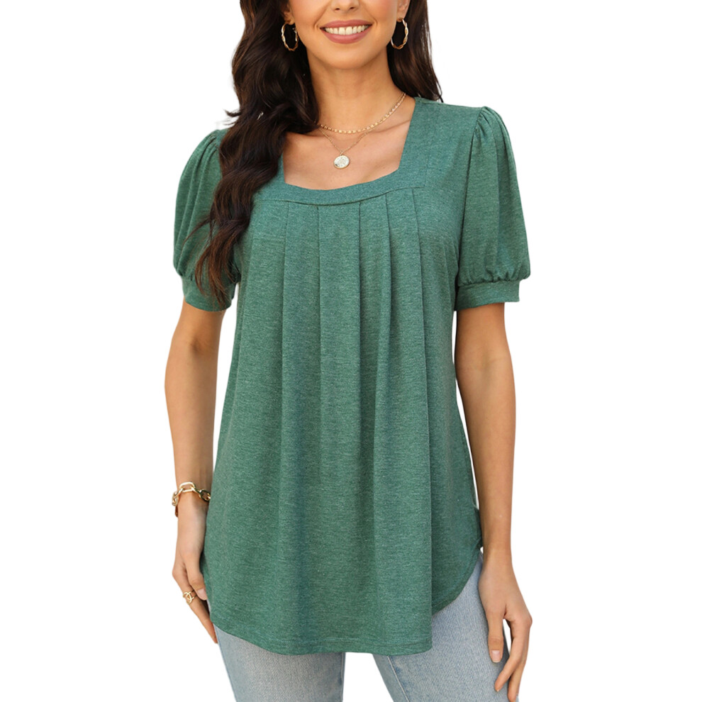 Green Women's Summer Short-Sleeved Ruffled Square Neck Shirt- M