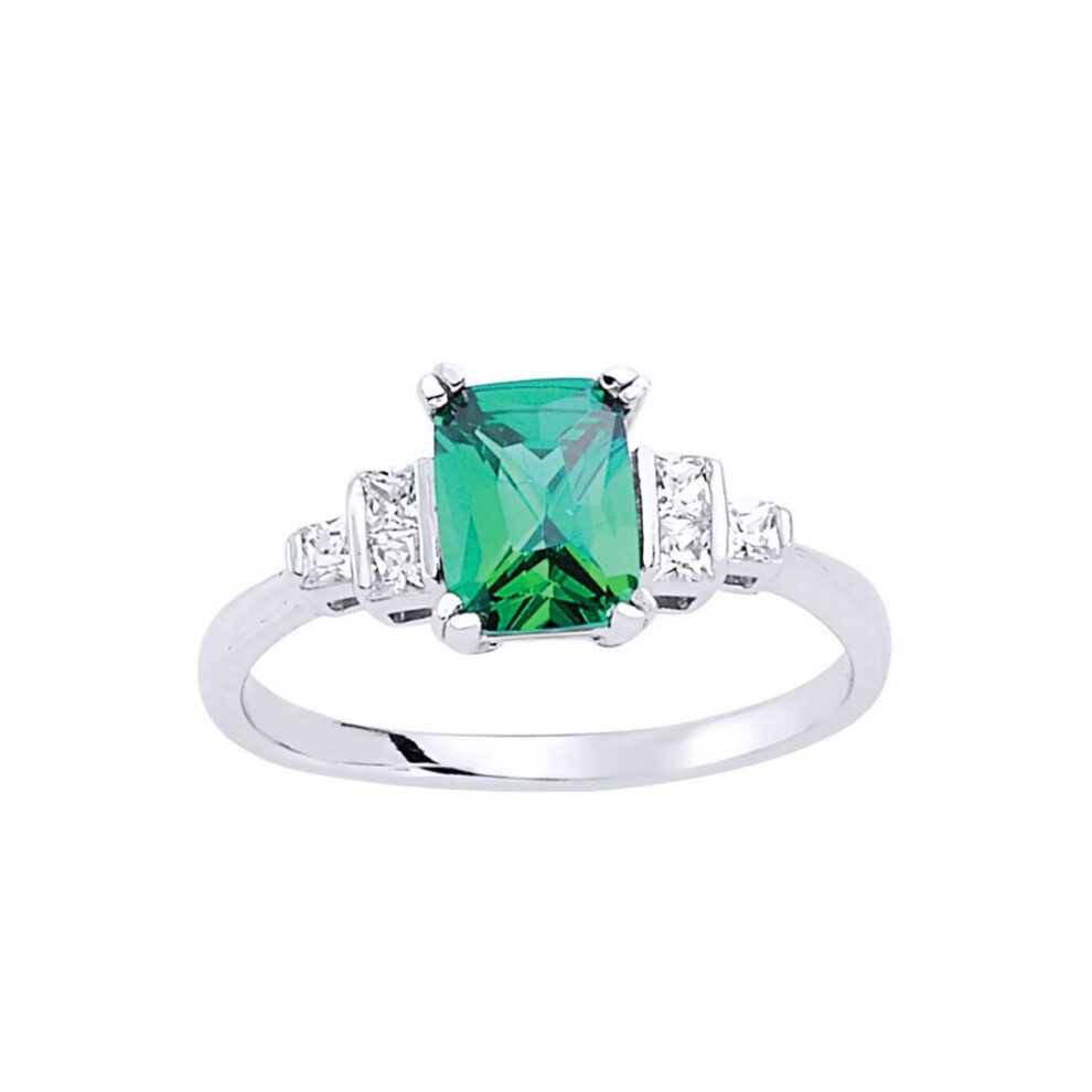 Jewelco London (L) Ladies Sterling Silver Emerald-Green Emerald And Princess Cut Cubic Zirconia Solitaire Engagement Ring - Gvr476