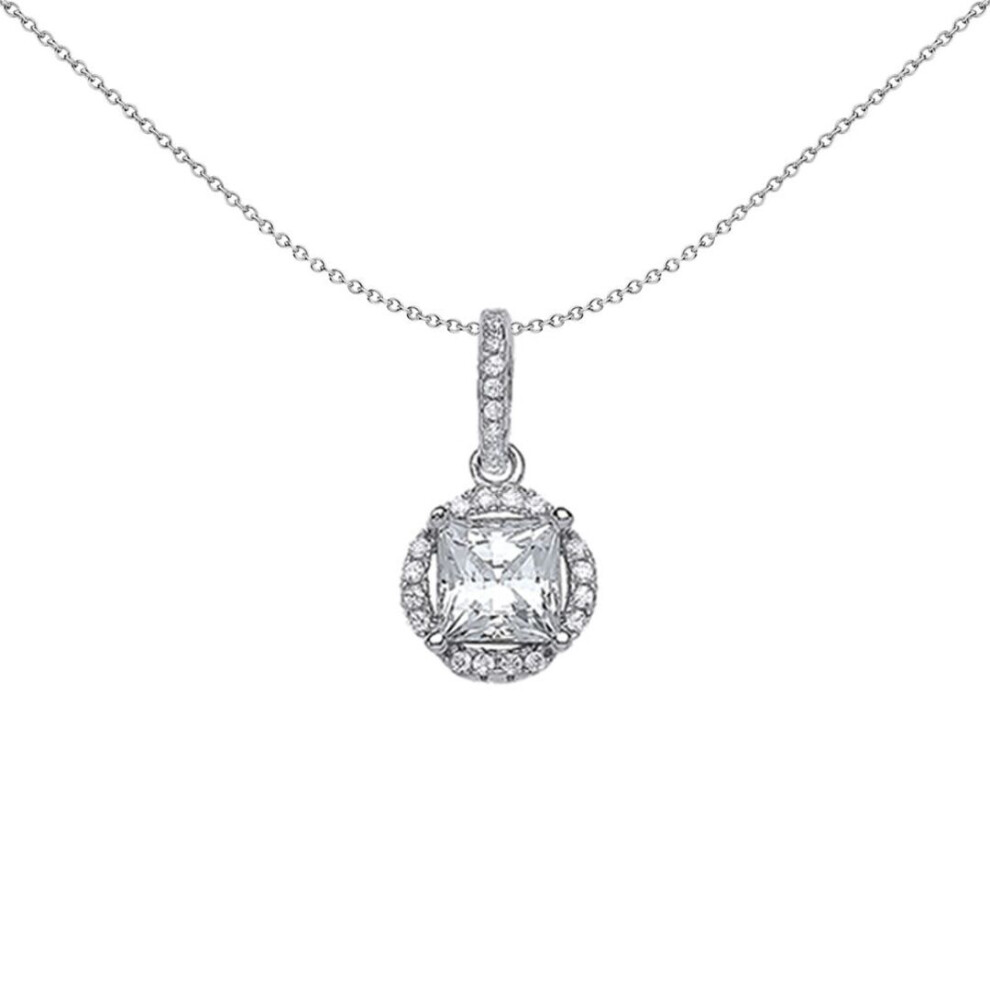 Jewelco London Ladies Sterling Silver Princess Cut Cubic Zirconia Halo Pendant Necklace 18 Inch - Gvp382
