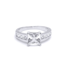 (M) Jewelco London Ladies Sterling Silver Square Cubic Zirconia Shoulder-Set 4 Claw Solitaire Engagement Ring - GVR346