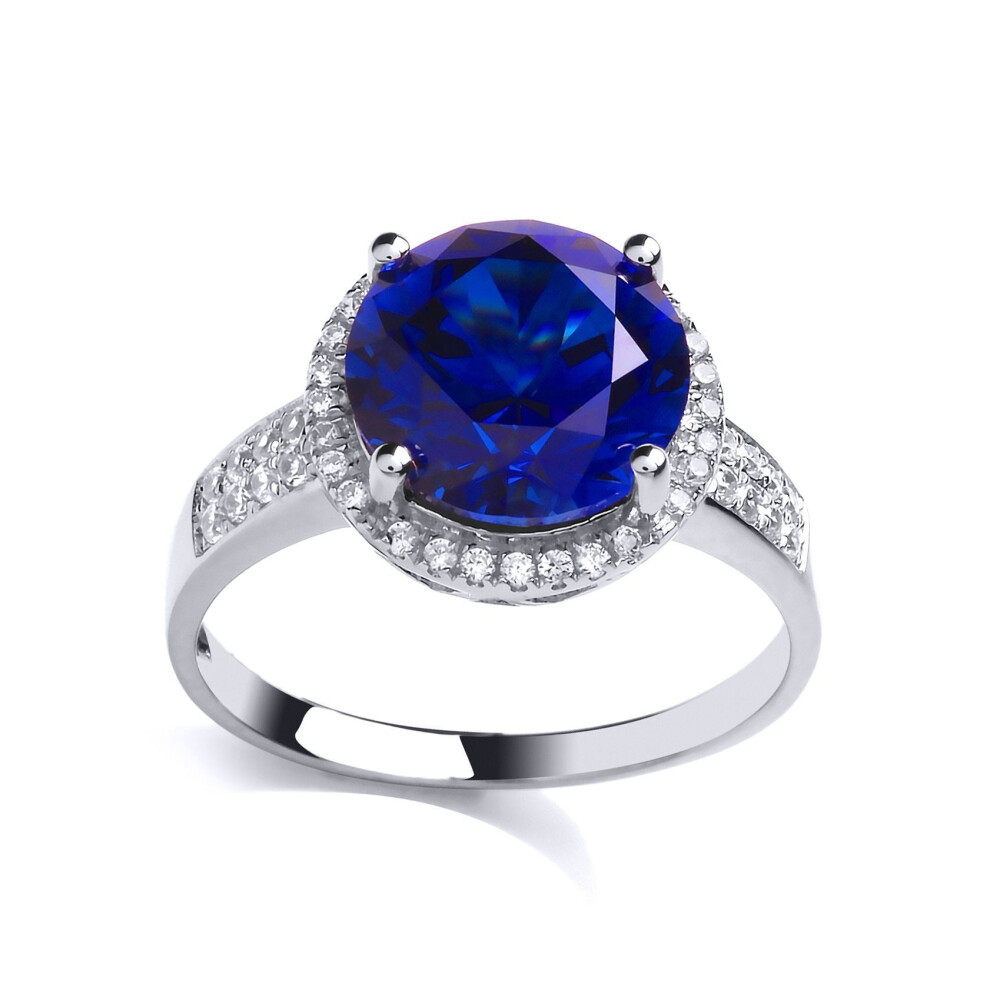 Jewelco London (N) Ladies Sterling Silver Sapphire-Blue Cubic Zirconia Halo Solitaire Engagement Ring - Gvr789 Blue,Silver