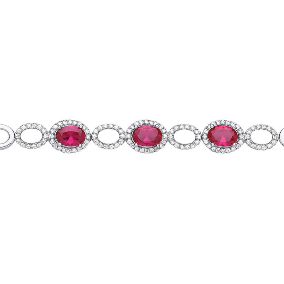 Jewelco London Ladies Sterling Ruby-Red Oval Cubic Zirconia Halo Cluster Tennis Bracelet 8Mm - Gvb450 Silver