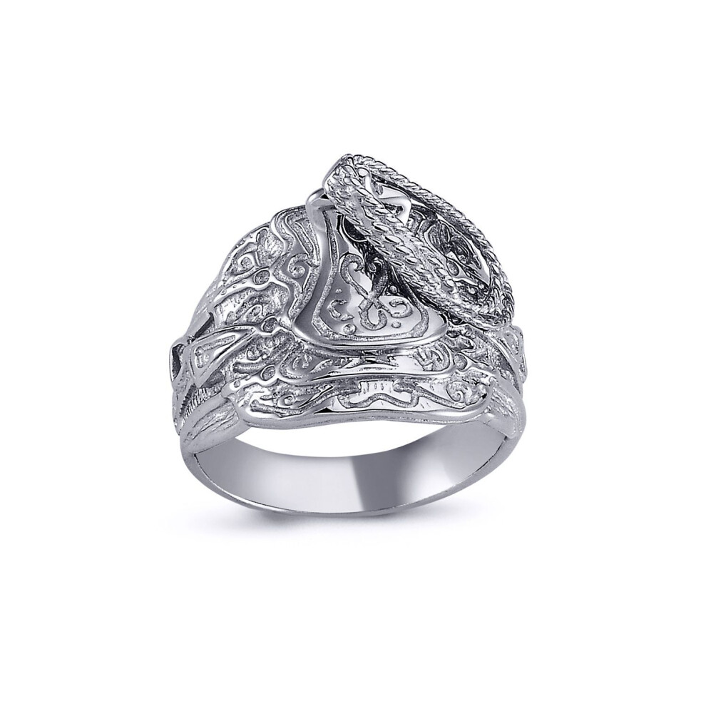 Jewelco London (U) Mens Rhodium Plated Sterling Horse Rope Saddle Ring 16Mm - Arn089 Silver
