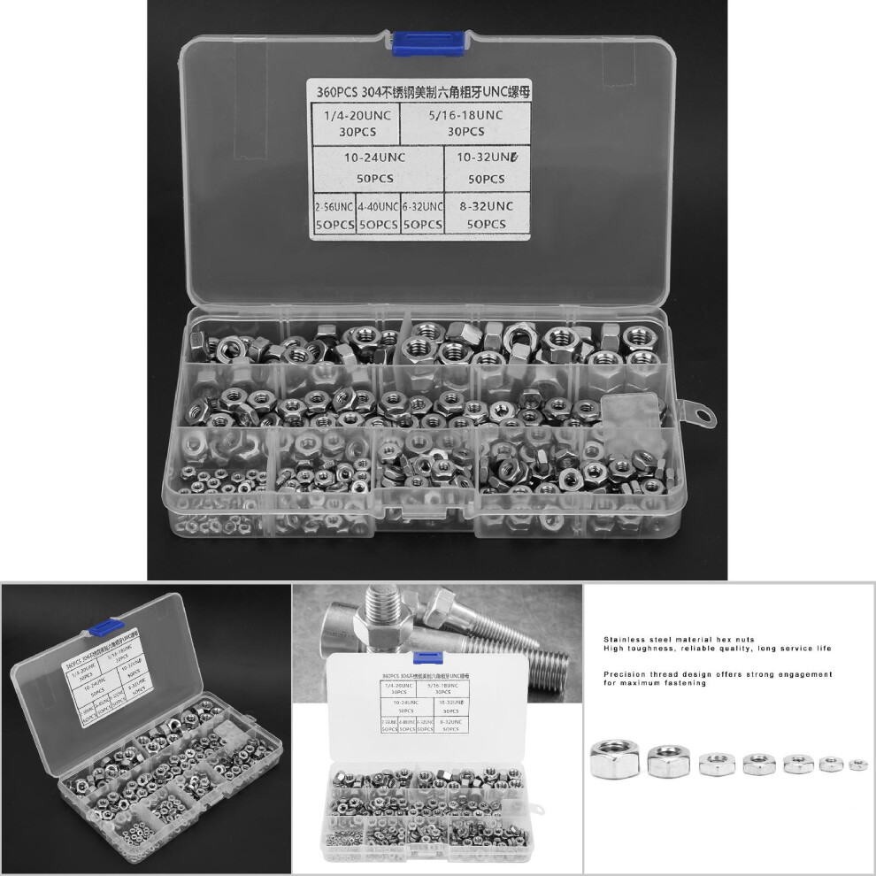 Coarse UNC Stainless Hex Nuts 360 Pack