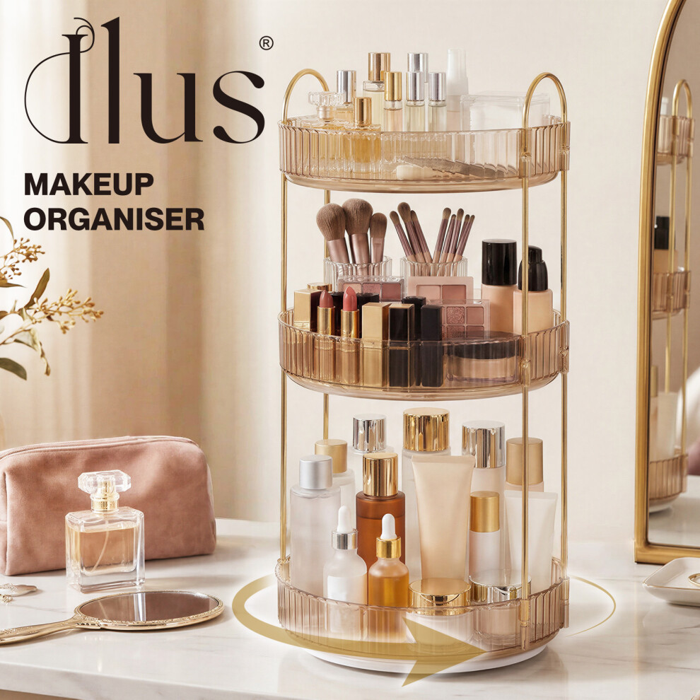 Ilus Gold Makeup Organiser 360 Rotating Spinning 3 Tiers Cosmetic Organizer