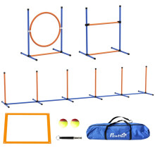 Hunde-Agility-Set, Hunde-Hindernisparcours, 1 Reifen, 1 Hürde, 1 Slalomset, 352 cm x 66 cm x 69 cm, blau + rot