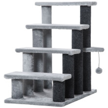 PawHut Katzentreppe, 4-stufige Haustiertreppe mit Kratzbaum, Ball, Hundetreppe, Haustiertreppe für Katzen, Plüschjute Grau, 60 x 40 x 64 cm