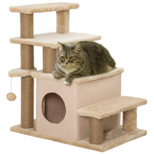 Haustiertreppe, Kratzbaum, 4 Stufen, Spielball, Häuschen, höhenverstellbar, 60 x 40 x 66 cm, beige