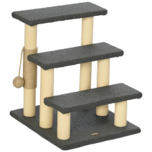 Kattentrap voor buiten, krabpaal, drie treden, speelbal, grijs met houtnerf, 45 x 40 x 48 cm