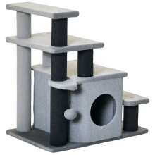 PawHut Katzenbaum, Katzentreppe, 4 Stufen, Spielball, Katzenhaus, höhenverstellbar, Schwarz+Grau, 60 x 40 x 66 cm