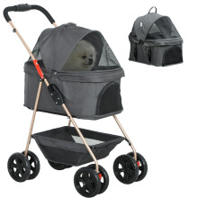 3-in-1 Haustierbuggy, faltbarer Hundebuggy mit 4 Rädern und abnehmbarer Transportbox für Hunde und Katzen, Grau