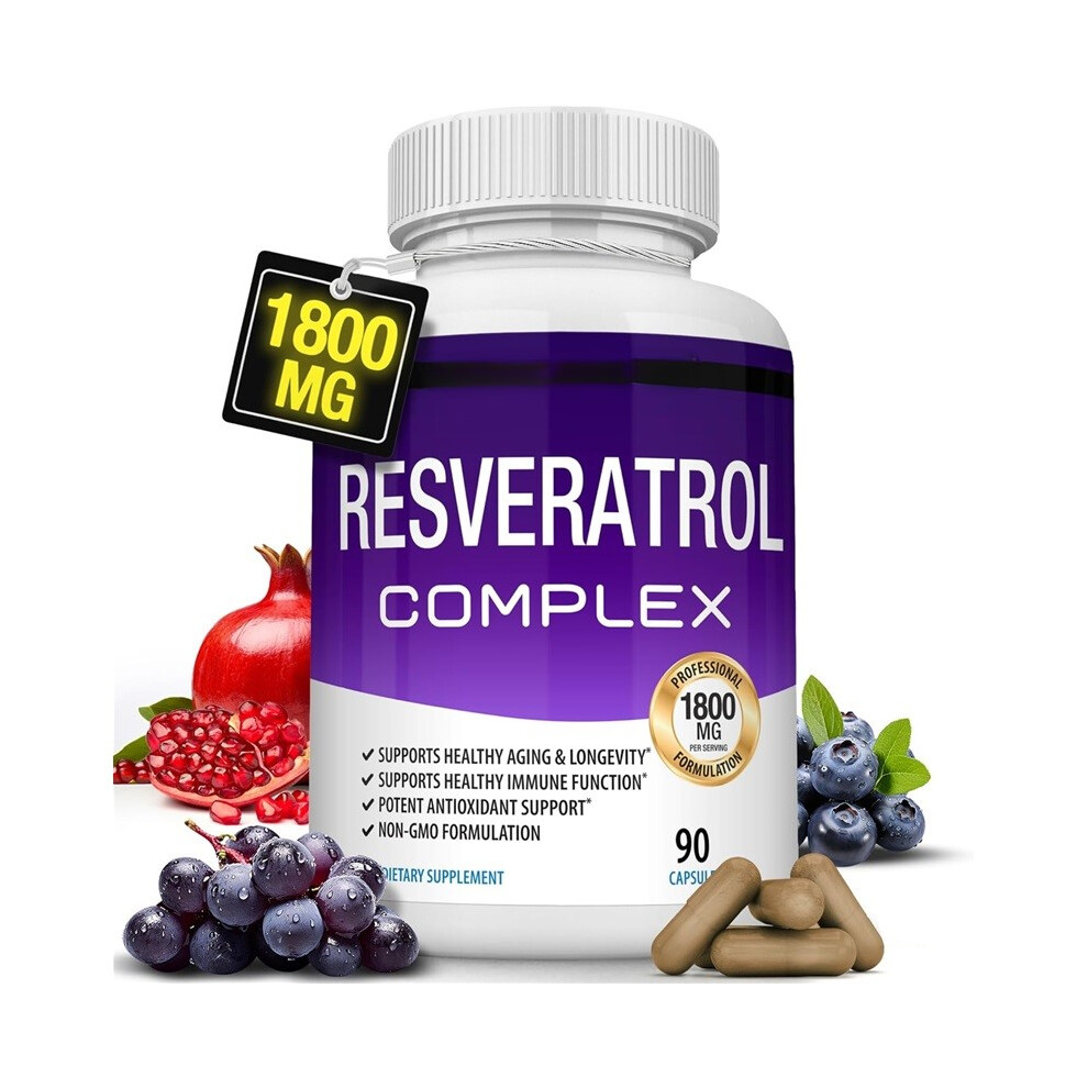 Red (3Pcs) Resveratrol Supplement 1800 Mg Antioxidant Complex-90 Capsules