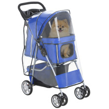 Faltbarer Hundebuggy/Katzenbuggy für Kinder bis 10 kg mit Regenschutz, Reflektorstreifen und Aufbewahrungskorb, 77 x 44 x 102 cm, blau