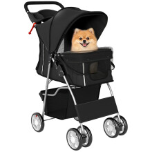Faltbarer Hundebuggy mit Reflektorstreifen, Aufbewahrungskorb und Kissen für kleine Hunde bis 10 kg, 77 x 44 x 102 cm, schwarz