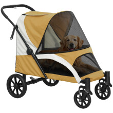 Hundebuggy, faltbarer Hundebuggy für große Hunde, Haustierbuggy mit 4 Rädern, Sicherheitsleinen, Bremsen, braun