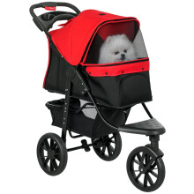 Faltbarer Hundebuggy für Hunde bis 10 kg, mit 3 Rädern, Netzfenstern, Getränkehalter und Aufbewahrungskorb, 109,5 x 57,5 x 106,5 cm, rot