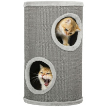 Kratzfass, 60 cm hoch, Ø 35 cm, zweistöckig mit 2 Höhlen, Plüschrand, für 1–2 Katzen bis 5 kg, hellgrau