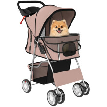 Faltbarer Hundebuggy mit Reflektorstreifen, Aufbewahrungskorb und Kissen für kleine Hunde bis 10 kg, 77 x 44 x 102 cm, kaffeebraun