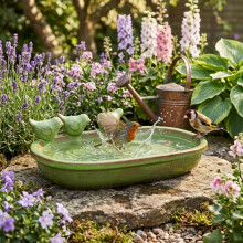 Green Ceramic Bird Bath Garden Decor Wild Bird Water Bowl
