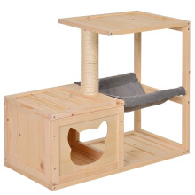 PawHut Katzenhöhle, Katzenbett mit Hängematte, Sisalstamm, Plattform, Katzenhaus aus Holz, Katzenbaum für den Innenbereich, 70 x 35 x 60 cm, Natur