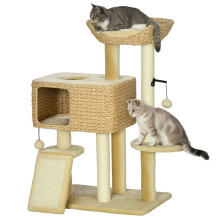 Katzenbaum, 1 Katzenhöhle, 1 Katzenbett, 1 Liegefläche, 1 Rampe, 60 cm x 40 cm x 98 cm, Natur + Beige