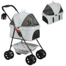 3-in-1 Haustierbuggy, faltbarer Hundebuggy mit 4 Rädern und abnehmbarer Transportbox für Hunde und Katzen, Grau