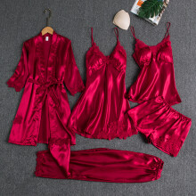 Women's Summer Ice Silk Sexy and Hot Loungewear, Spring and Autumn Long-Sleeve Thin Plus-Size Five-Piece Set Bathrobe3xl