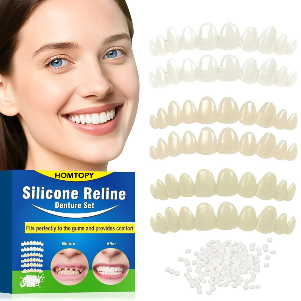Denture set for daily teeth modification, enhances smile, comfortable natural material.