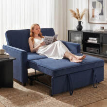 (Blue) HOMCOM 2 Seater Sofa Bed, 3-in-1 Velvet Pull Out Sleeper Sofa