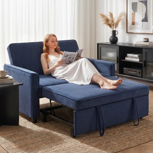 Homcom (Blue) HOMCOM 2 Seater Sofa Bed, 3-in-1 Velvet Pull Out Sleeper Sofa