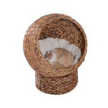 Kattenmand van rotan voor buiten, kattenmand, kattenhuisje, kattenbed met kussen, huisdierbed, waterhyacintbruin, 50 x 42 x 60 cm