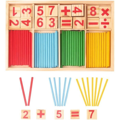 Lasten pelit - Montessori - Numeroleikkitikut - 24 laskupalikkaa - 4 väriä - Puu