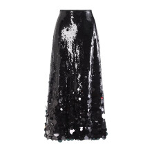 High Waist Zippered A Line Long Skirt with Sparkly-Black L